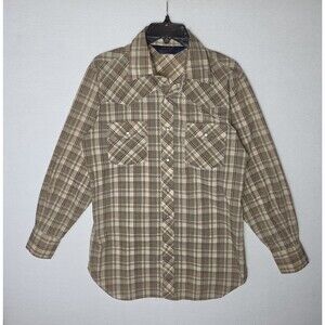 VTG Lariat Western Pearl Snap Button Shirt Brown Plaid Cowboy Rodeo Mens Medium